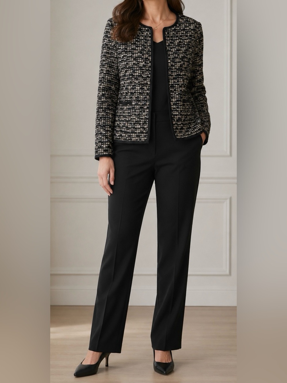 Lafayette 148 New York Black and Cream Open Jacket/Collarless Blazer - Size XL